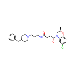 C[C@@H]1CN(C(=O)CCC(=O)NCCCN2CCC(Cc3ccccc3)CC2)c2cc(Cl)ccc2O1 ZINC000009286950