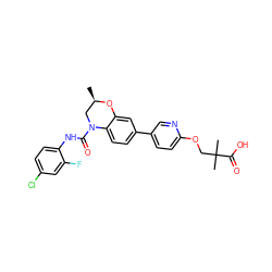 C[C@@H]1CN(C(=O)Nc2ccc(Cl)cc2F)c2ccc(-c3ccc(OCC(C)(C)C(=O)O)nc3)cc2O1 ZINC000139396361