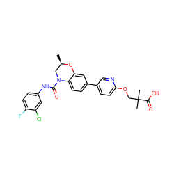 C[C@@H]1CN(C(=O)Nc2ccc(F)c(Cl)c2)c2ccc(-c3ccc(OCC(C)(C)C(=O)O)nc3)cc2O1 ZINC000169700517