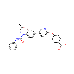 C[C@@H]1CN(C(=O)Nc2ccccc2)c2ccc(-c3ccc(OC4CCC(C(=O)O)CC4)nc3)cc2O1 ZINC000139389481