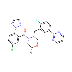 C[C@@H]1CN(C(=O)c2cc(Cl)ccc2-n2nccn2)[C@H](Cc2cc(-c3ncccn3)ccc2F)CO1 ZINC000222071964