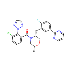 C[C@@H]1CN(C(=O)c2cccc(Cl)c2-n2nccn2)[C@H](Cc2cc(-c3ncccn3)ccc2F)CO1 ZINC000222113009