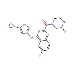 C[C@@H]1CN(C(=O)c2nc(Nc3cc(C4CC4)[nH]n3)c3cc(F)ccc3n2)CCN1 ZINC001772645911