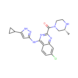 C[C@@H]1CN(C(=O)c2nc(Nc3cc(C4CC4)[nH]n3)c3ccc(Cl)cc3n2)CCN1 ZINC001772656819