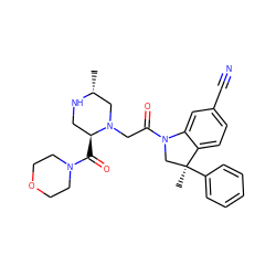 C[C@@H]1CN(CC(=O)N2C[C@](C)(c3ccccc3)c3ccc(C#N)cc32)[C@@H](C(=O)N2CCOCC2)CN1 ZINC000219022077