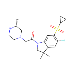 C[C@@H]1CN(CC(=O)N2CC(C)(C)c3cc(F)c(S(=O)(=O)C4CC4)cc32)CCN1 ZINC000221249398