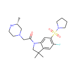 C[C@@H]1CN(CC(=O)N2CC(C)(C)c3cc(F)c(S(=O)(=O)N4CCCC4)cc32)CCN1 ZINC000219018897