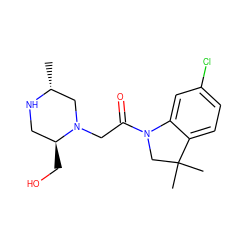 C[C@@H]1CN(CC(=O)N2CC(C)(C)c3ccc(Cl)cc32)[C@@H](CO)CN1 ZINC000205476054