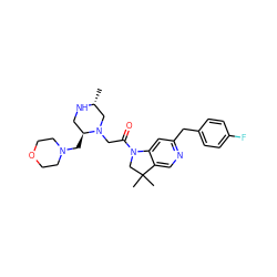 C[C@@H]1CN(CC(=O)N2CC(C)(C)c3cnc(Cc4ccc(F)cc4)cc32)[C@@H](CN2CCOCC2)CN1 ZINC000205465938