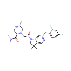 C[C@@H]1CN(CC(=O)N2CC(C)(C)c3cnc(Cc4ccc(F)cc4F)cc32)[C@@H](C(=O)N(C)C)CN1 ZINC000219010813