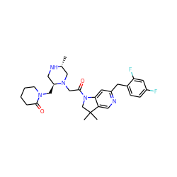 C[C@@H]1CN(CC(=O)N2CC(C)(C)c3cnc(Cc4ccc(F)cc4F)cc32)[C@@H](CN2CCCCC2=O)CN1 ZINC000219043761