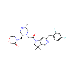 C[C@@H]1CN(CC(=O)N2CC(C)(C)c3cnc(Cc4ccc(F)cc4F)cc32)[C@@H](CN2CCOCC2=O)CN1 ZINC000219011105