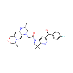 C[C@@H]1CN(CC(=O)N2CC(C)(C)c3ncc([C@@H](O)c4ccc(F)cc4)cc32)[C@@H](CN2[C@H](C)COC[C@H]2C)CN1 ZINC000207643140