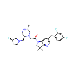 C[C@@H]1CN(CC(=O)N2CC(C)(C)c3ncc(Cc4ccc(F)cc4F)cc32)[C@@H](CN2CC[C@@H](F)C2)CN1 ZINC000219005309