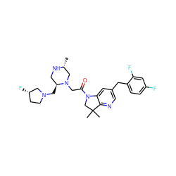 C[C@@H]1CN(CC(=O)N2CC(C)(C)c3ncc(Cc4ccc(F)cc4F)cc32)[C@@H](CN2CC[C@H](F)C2)CN1 ZINC000219010907