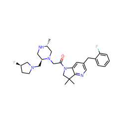 C[C@@H]1CN(CC(=O)N2CC(C)(C)c3ncc(Cc4ccccc4F)cc32)[C@@H](CN2CC[C@@H](F)C2)CN1 ZINC000205468274