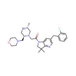 C[C@@H]1CN(CC(=O)N2CC(C)(C)c3ncc(Cc4ccccc4F)cc32)[C@@H](CN2CCOCC2)CN1 ZINC000219016924