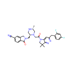 C[C@@H]1CN(CC(=O)N2CC(C)(C)c3nnc(Cc4ccc(F)cc4F)cc32)[C@@H](CN2Cc3cc(C#N)ccc3C2=O)CN1 ZINC000207637277