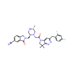 C[C@@H]1CN(CC(=O)N2CC(C)(C)c3nnc(Cc4ccc(F)cc4F)cc32)[C@@H](CN2Cc3ccc(C#N)cc3C2=O)CN1 ZINC000207611188