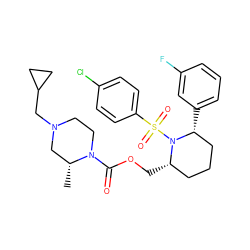 C[C@@H]1CN(CC2CC2)CCN1C(=O)OC[C@H]1CCC[C@@H](c2cccc(F)c2)N1S(=O)(=O)c1ccc(Cl)cc1 ZINC000028816515