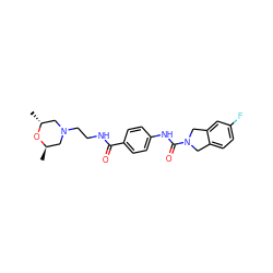 C[C@@H]1CN(CCNC(=O)c2ccc(NC(=O)N3Cc4ccc(F)cc4C3)cc2)C[C@@H](C)O1 ZINC000166876628