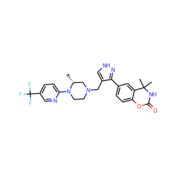 C[C@@H]1CN(Cc2c[nH]nc2-c2ccc3c(c2)C(C)(C)NC(=O)O3)CCN1c1ccc(C(F)(F)F)cn1 ZINC000148754999