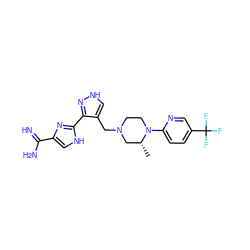 C[C@@H]1CN(Cc2c[nH]nc2-c2nc(C(=N)N)c[nH]2)CCN1c1ccc(C(F)(F)F)cn1 ZINC000115172542