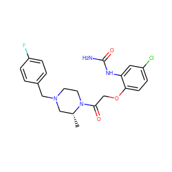 C[C@@H]1CN(Cc2ccc(F)cc2)CCN1C(=O)COc1ccc(Cl)cc1NC(N)=O ZINC000022010574