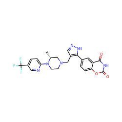 C[C@@H]1CN(Cc2cn[nH]c2-c2ccc3oc(=O)[nH]c(=O)c3c2)CCN1c1ccc(C(F)(F)F)cn1 ZINC000144000075