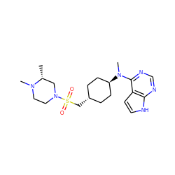 C[C@@H]1CN(S(=O)(=O)C[C@H]2CC[C@H](N(C)c3ncnc4[nH]ccc34)CC2)CCN1C ZINC000261193316