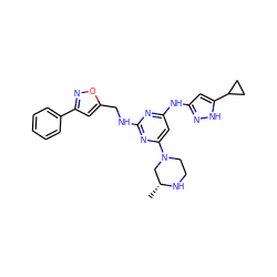 C[C@@H]1CN(c2cc(Nc3cc(C4CC4)[nH]n3)nc(NCc3cc(-c4ccccc4)no3)n2)CCN1 ZINC000147106774