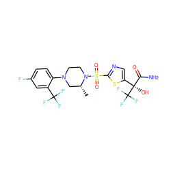 C[C@@H]1CN(c2ccc(F)cc2C(F)(F)F)CCN1S(=O)(=O)c1ncc([C@@](O)(C(N)=O)C(F)(F)F)s1 ZINC000068247684