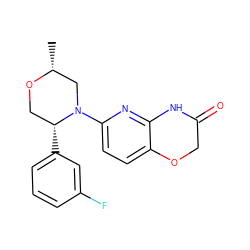 C[C@@H]1CN(c2ccc3c(n2)NC(=O)CO3)[C@H](c2cccc(F)c2)CO1 ZINC000072318138