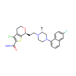 C[C@@H]1CN(c2cccc3cc(F)ccc23)CCN1CC[C@@H]1OCCc2c1sc(C(N)=O)c2Cl ZINC000028528468