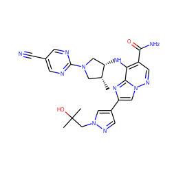 C[C@@H]1CN(c2ncc(C#N)cn2)C[C@@H]1Nc1c(C(N)=O)cnn2cc(-c3cnn(CC(C)(C)O)c3)nc12 ZINC001772642773