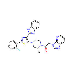 C[C@@H]1CN(c2sc(-c3ccccc3F)nc2-c2nc3ccccc3[nH]2)CCN1C(=O)Cn1cnc2cccnc21 ZINC000143847182