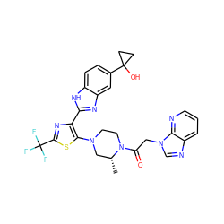 C[C@@H]1CN(c2sc(C(F)(F)F)nc2-c2nc3cc(C4(O)CC4)ccc3[nH]2)CCN1C(=O)Cn1cnc2cccnc21 ZINC000143740788