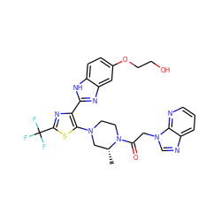 C[C@@H]1CN(c2sc(C(F)(F)F)nc2-c2nc3cc(OCCO)ccc3[nH]2)CCN1C(=O)Cn1cnc2cccnc21 ZINC001772603634