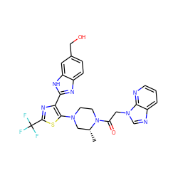 C[C@@H]1CN(c2sc(C(F)(F)F)nc2-c2nc3ccc(CO)cc3[nH]2)CCN1C(=O)Cn1cnc2cccnc21 ZINC000143705171