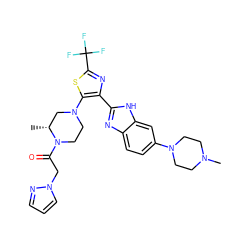 C[C@@H]1CN(c2sc(C(F)(F)F)nc2-c2nc3ccc(N4CCN(C)CC4)cc3[nH]2)CCN1C(=O)Cn1cccn1 ZINC000143566236