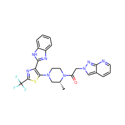 C[C@@H]1CN(c2sc(C(F)(F)F)nc2-c2nc3ccccc3[nH]2)CCN1C(=O)Cn1cc2cccnc2n1 ZINC000143718096