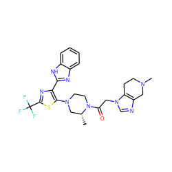 C[C@@H]1CN(c2sc(C(F)(F)F)nc2-c2nc3ccccc3[nH]2)CCN1C(=O)Cn1cnc2c1CCN(C)C2 ZINC001772615351