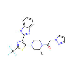 C[C@@H]1CN(c2sc(C(F)(F)F)nc2-c2nc3ccccc3n2C)CCN1C(=O)Cn1cccn1 ZINC000143683852