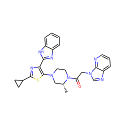 C[C@@H]1CN(c2sc(C3CC3)nc2-c2nc3ccccc3[nH]2)CCN1C(=O)Cn1cnc2cccnc21 ZINC000143677679