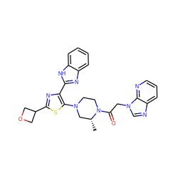 C[C@@H]1CN(c2sc(C3COC3)nc2-c2nc3ccccc3[nH]2)CCN1C(=O)Cn1cnc2cccnc21 ZINC000143751763