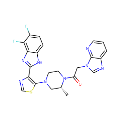 C[C@@H]1CN(c2scnc2-c2nc3c(F)c(F)ccc3[nH]2)CCN1C(=O)Cn1cnc2cccnc21 ZINC000143773592