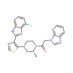 C[C@@H]1CN(c2scnc2-c2nc3c(F)cccc3[nH]2)CCN1C(=O)Cn1cnc2cccnc21 ZINC000205441727