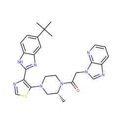 C[C@@H]1CN(c2scnc2-c2nc3cc(C(C)(C)C)ccc3[nH]2)CCN1C(=O)Cn1cnc2cccnc21 ZINC000143665647