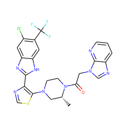 C[C@@H]1CN(c2scnc2-c2nc3cc(Cl)c(C(F)(F)F)cc3[nH]2)CCN1C(=O)Cn1cnc2cccnc21 ZINC000143632062