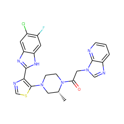 C[C@@H]1CN(c2scnc2-c2nc3cc(Cl)c(F)cc3[nH]2)CCN1C(=O)Cn1cnc2cccnc21 ZINC000143771349